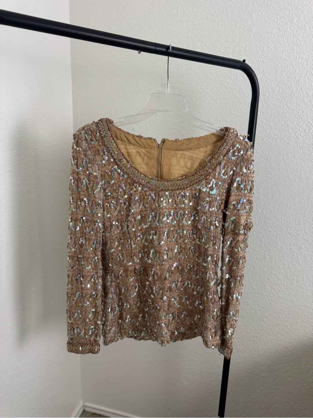 Vintage 70s Embellished Sequined Long-Sleeve Top - Tan
